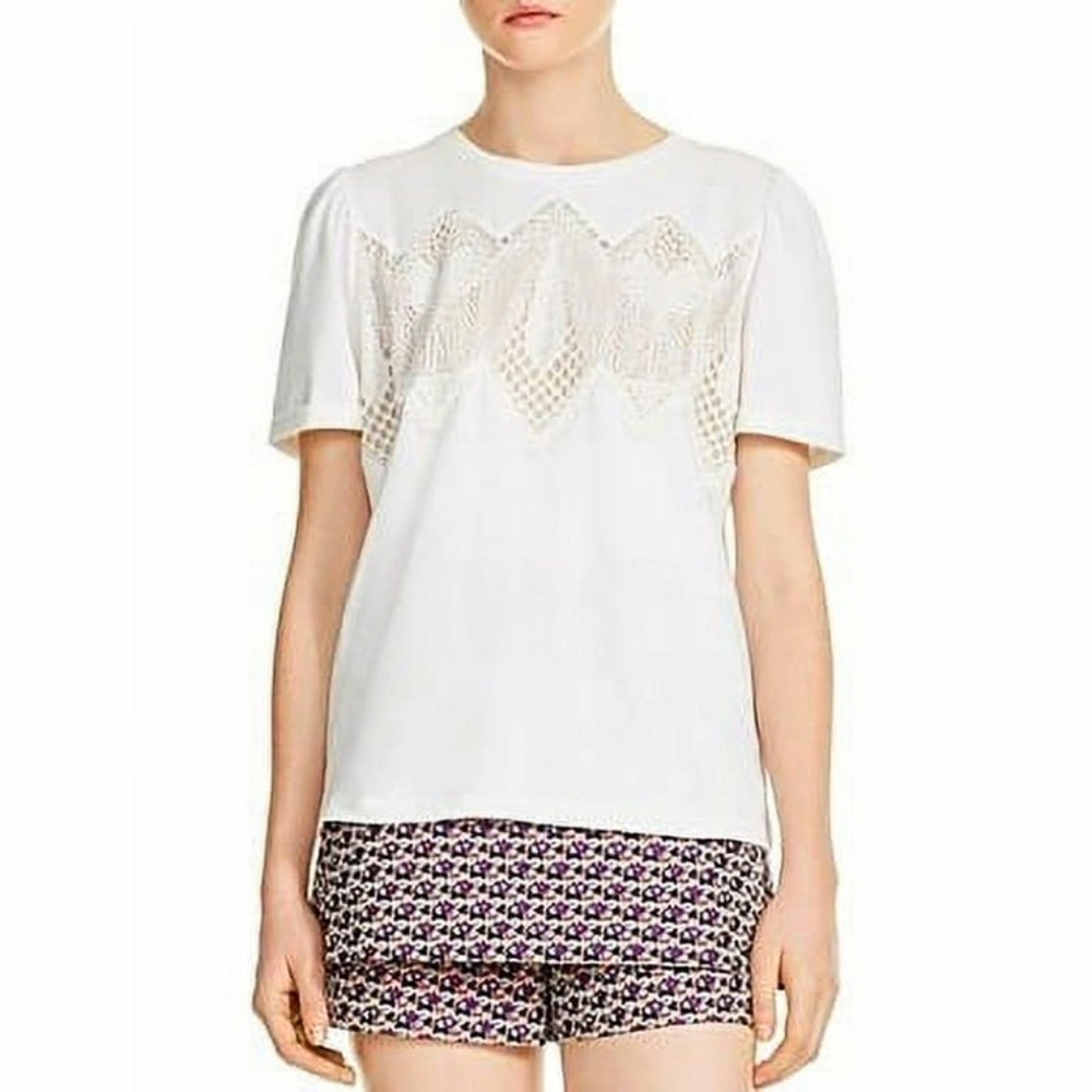 MAJE Romantic 100% Cotton Lace Trim Short Sleeve White Crewneck Top M
